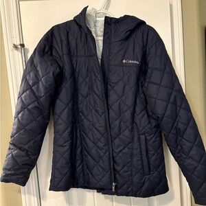 Columbia puffer jacket, women’s size large, navy blue, never worn